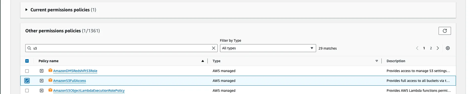 IAM Attach policies page with AmazonS3FullAccess policy selected