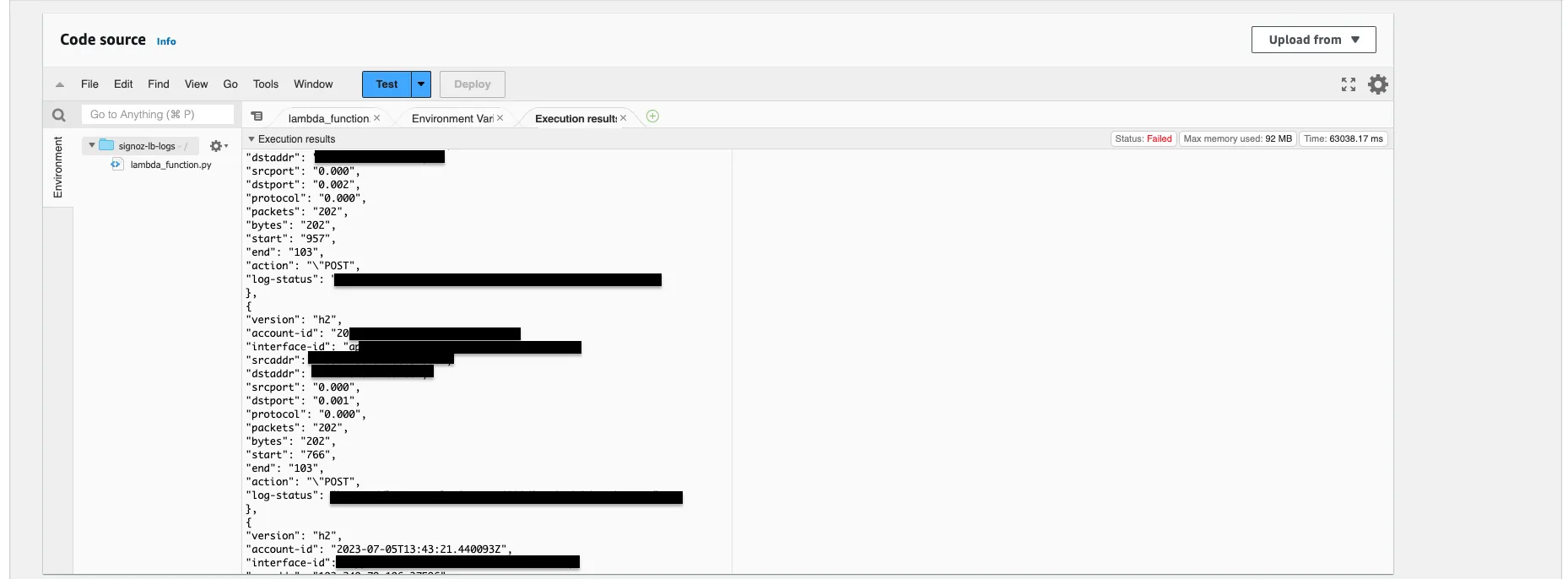 Lambda function execution output showing successful log transmission