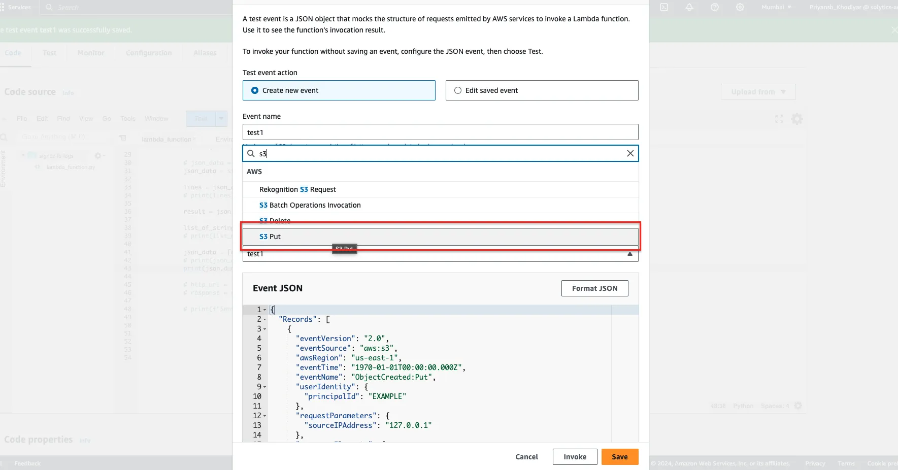 Lambda test event configuration dialog with S3 PUT event template