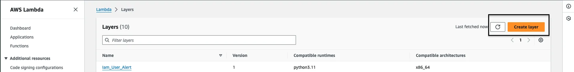 AWS Lambda Layers page with Create Layer button