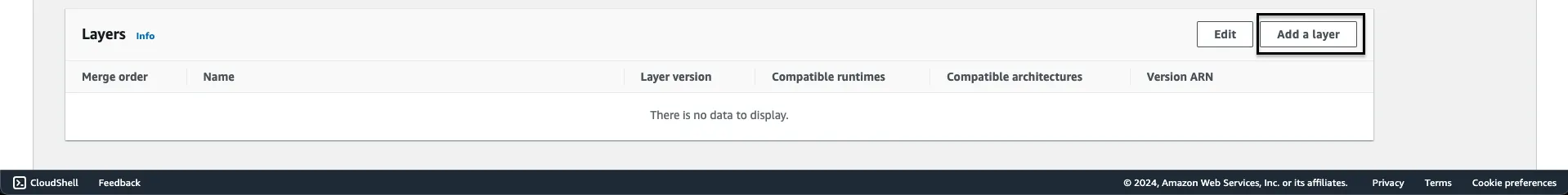 Lambda function Layers section with Add a layer button