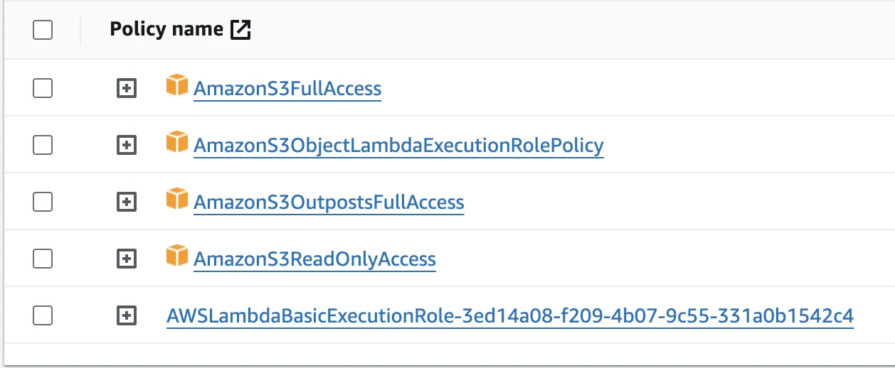 List of IAM policies required for Lambda function execution