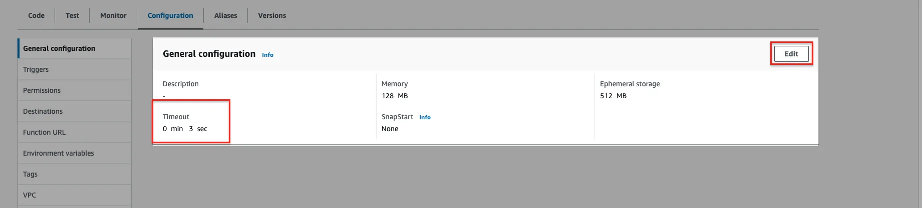Lambda function General Configuration showing timeout setting