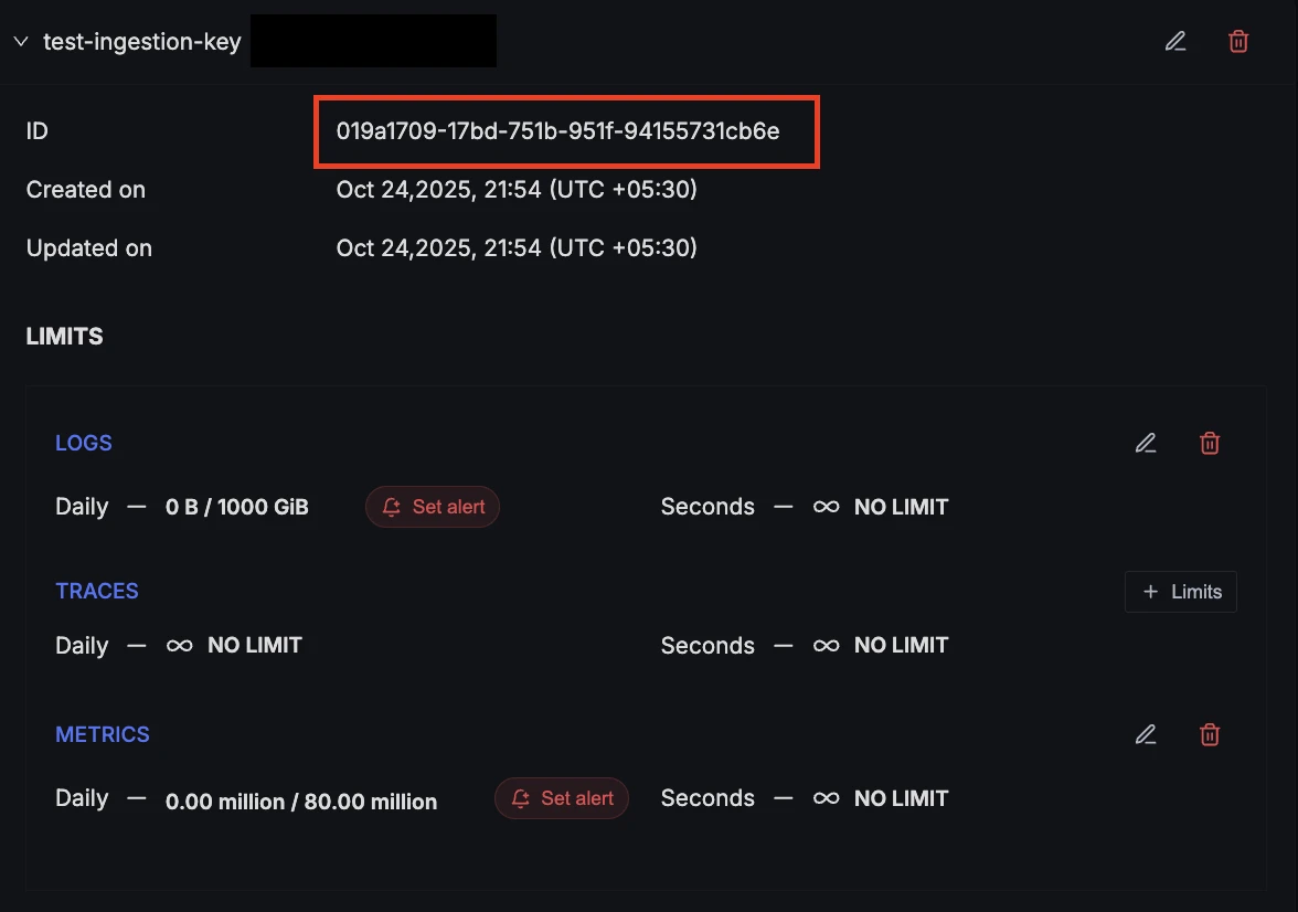 Ingestion Settings page showing an ingestion key with its ID visible for copying