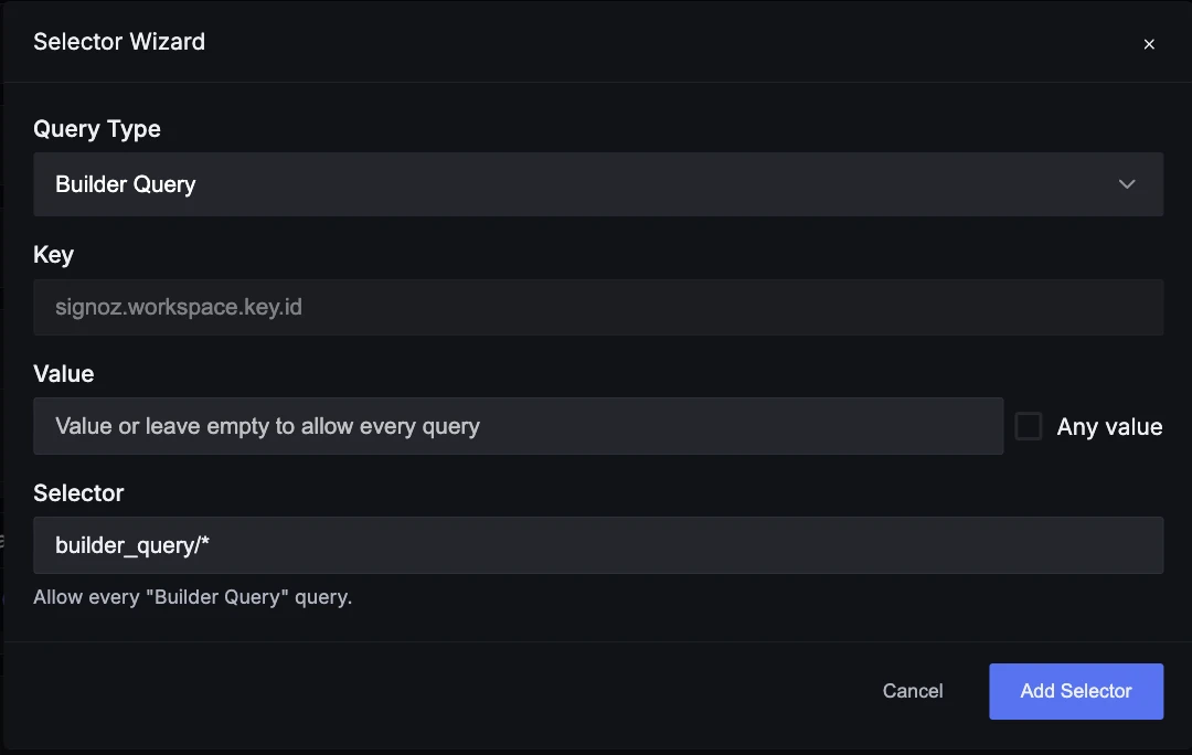 Telemetry selector wizard on the custom role page with Builder Query selected and an ingestion key ID entered