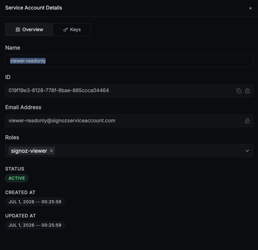 Service Account Details Overview tab showing the viewer-readonly account, its ID, and the signoz-viewer role assigned
