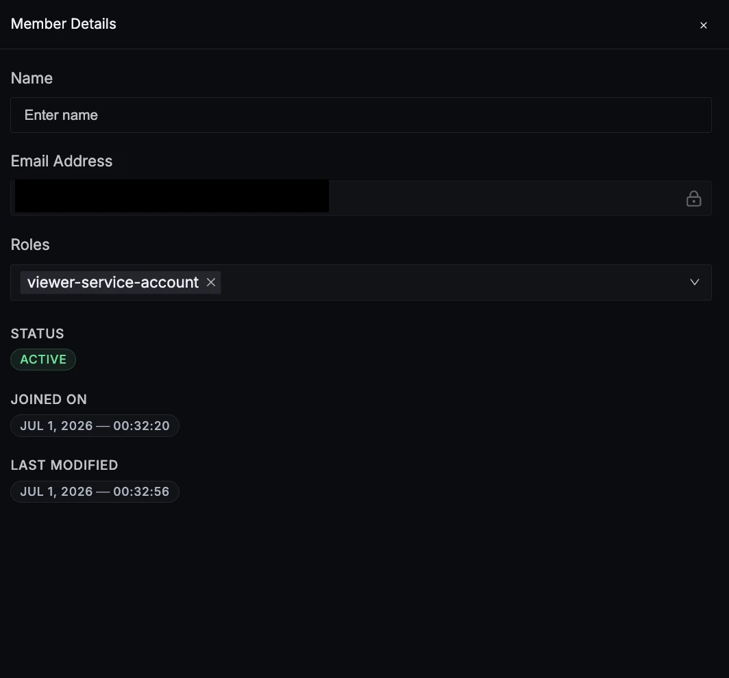 Member Details panel showing a member assigned the viewer-service-account role
