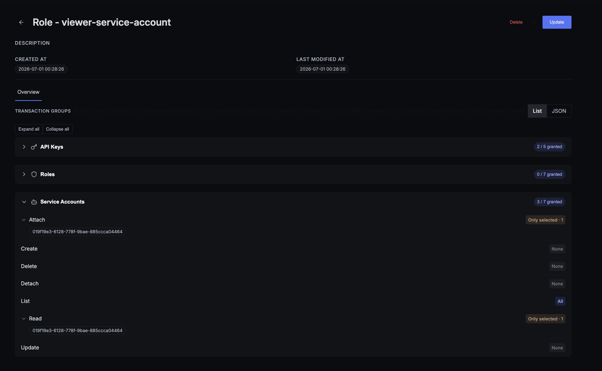 The viewer-service-account custom role with Service Accounts attach and read scoped to a single service account ID, and list set to All