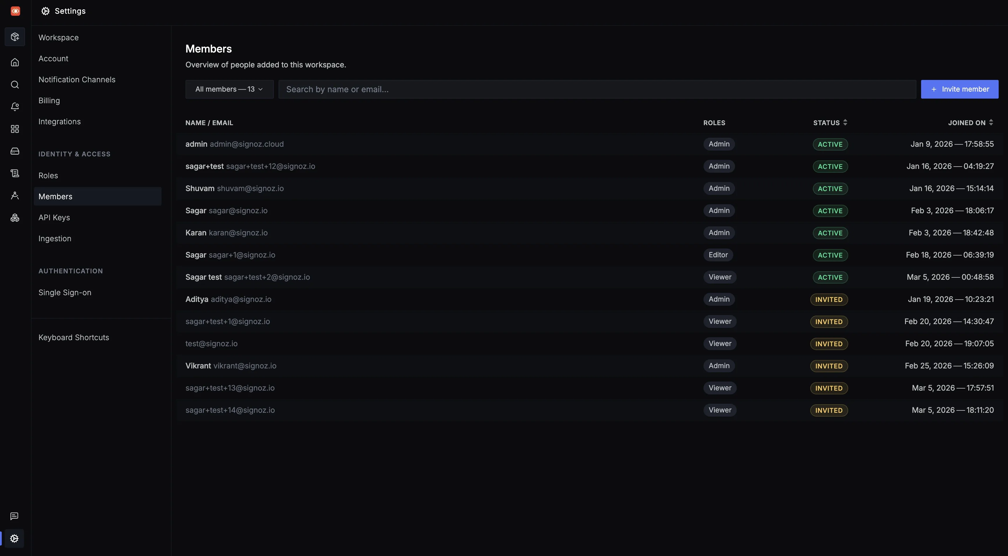 Members page with Invite member button in SigNoz