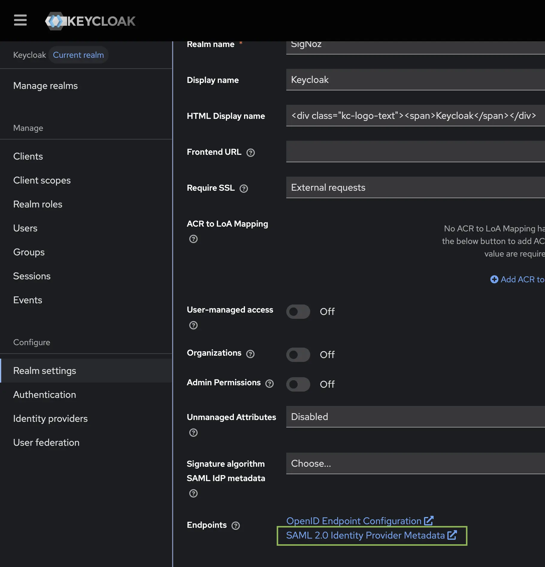 KeyCloak SAML 2.0 IdP Metadata Link