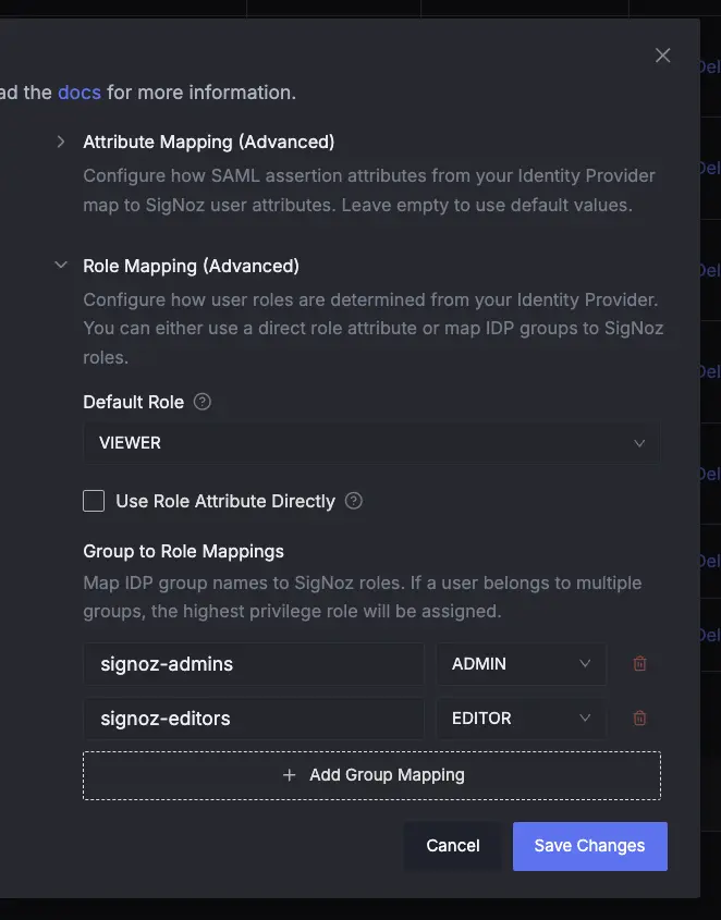 SigNoz Role Group Mappings