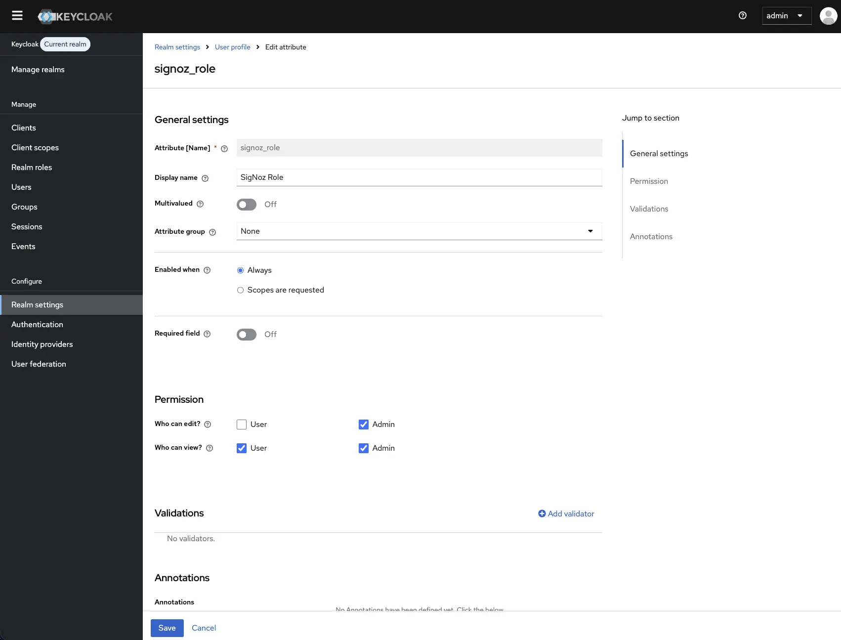 Keycloak User Attribute Settings