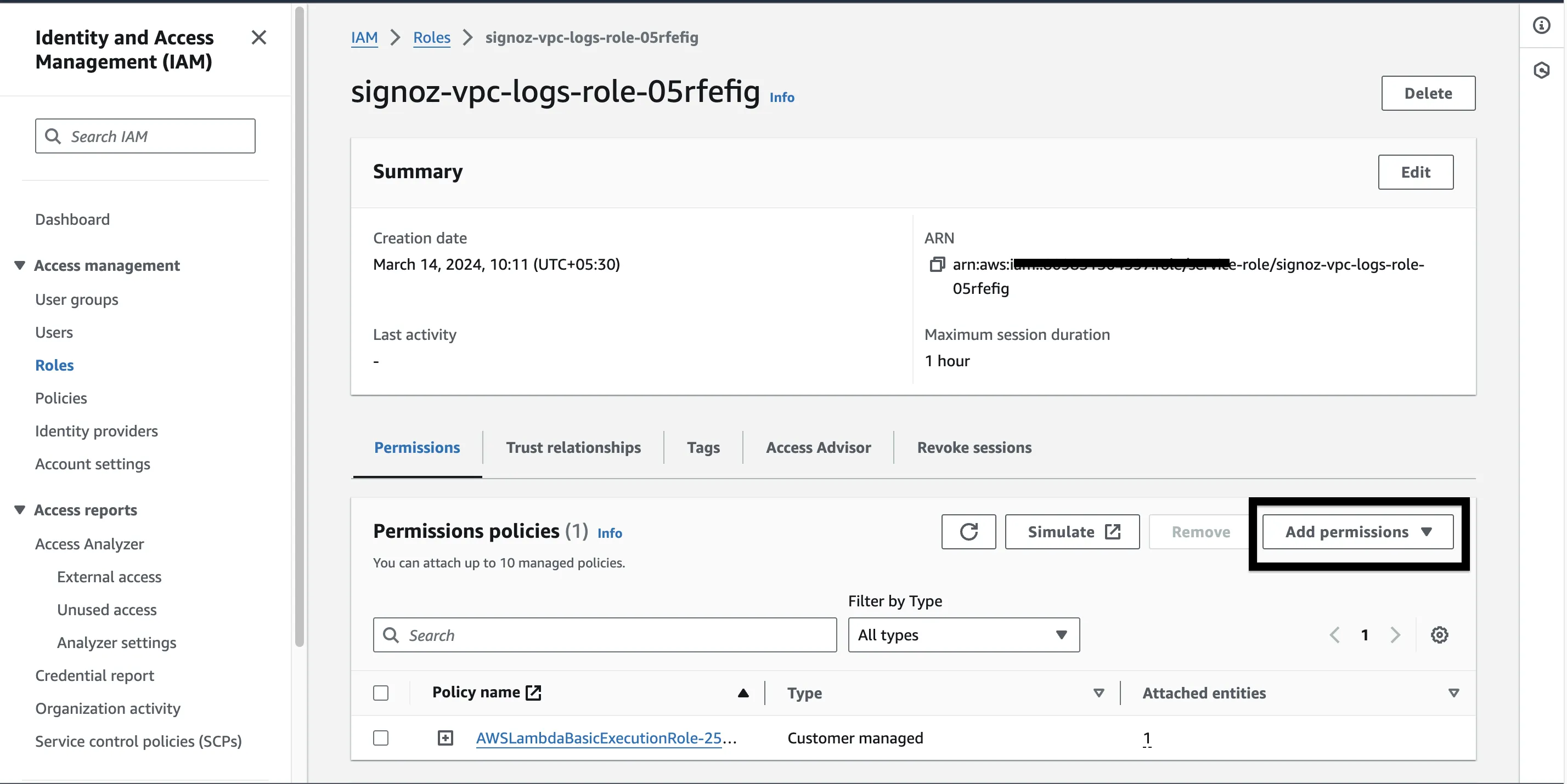 IAM page showing Add permissions dropdown with Attach policies option
