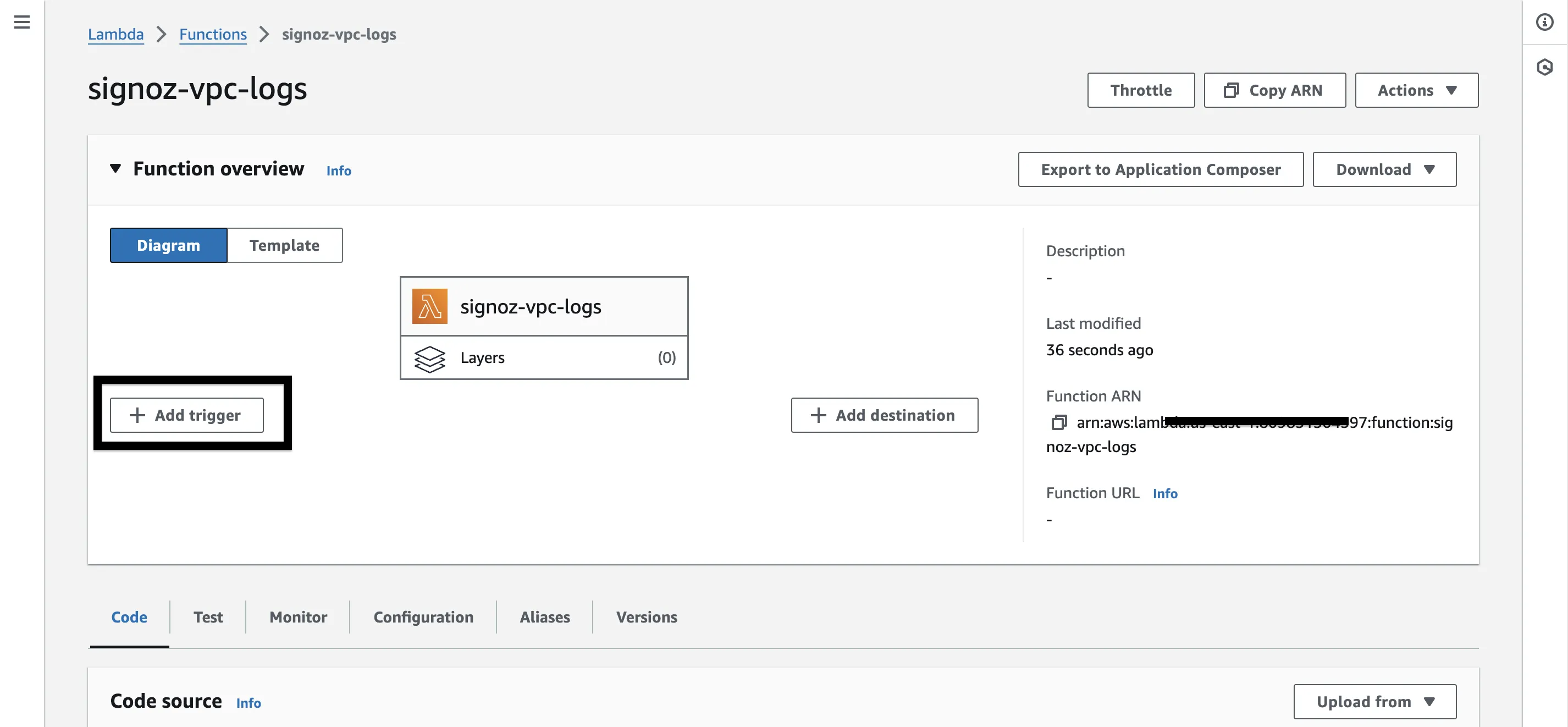 Lambda function console showing Add trigger button