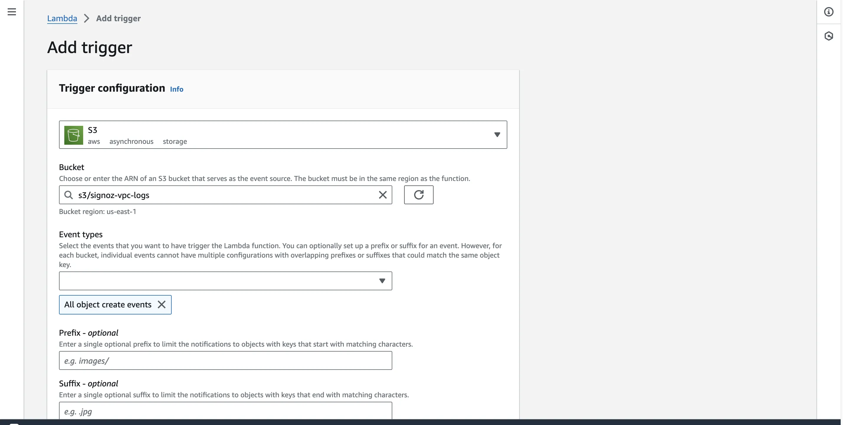 S3 trigger configuration showing event type selection dropdown