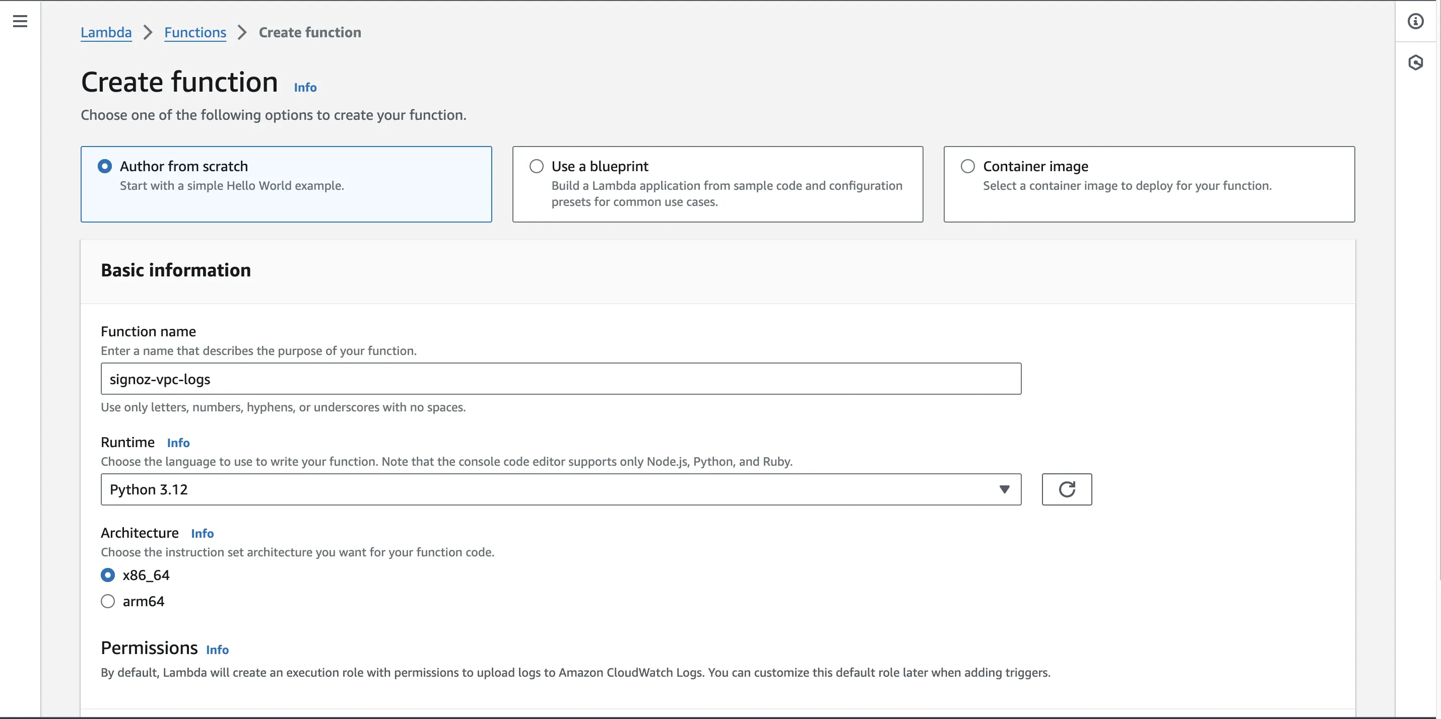 Lambda function creation form with Author from scratch option selected
