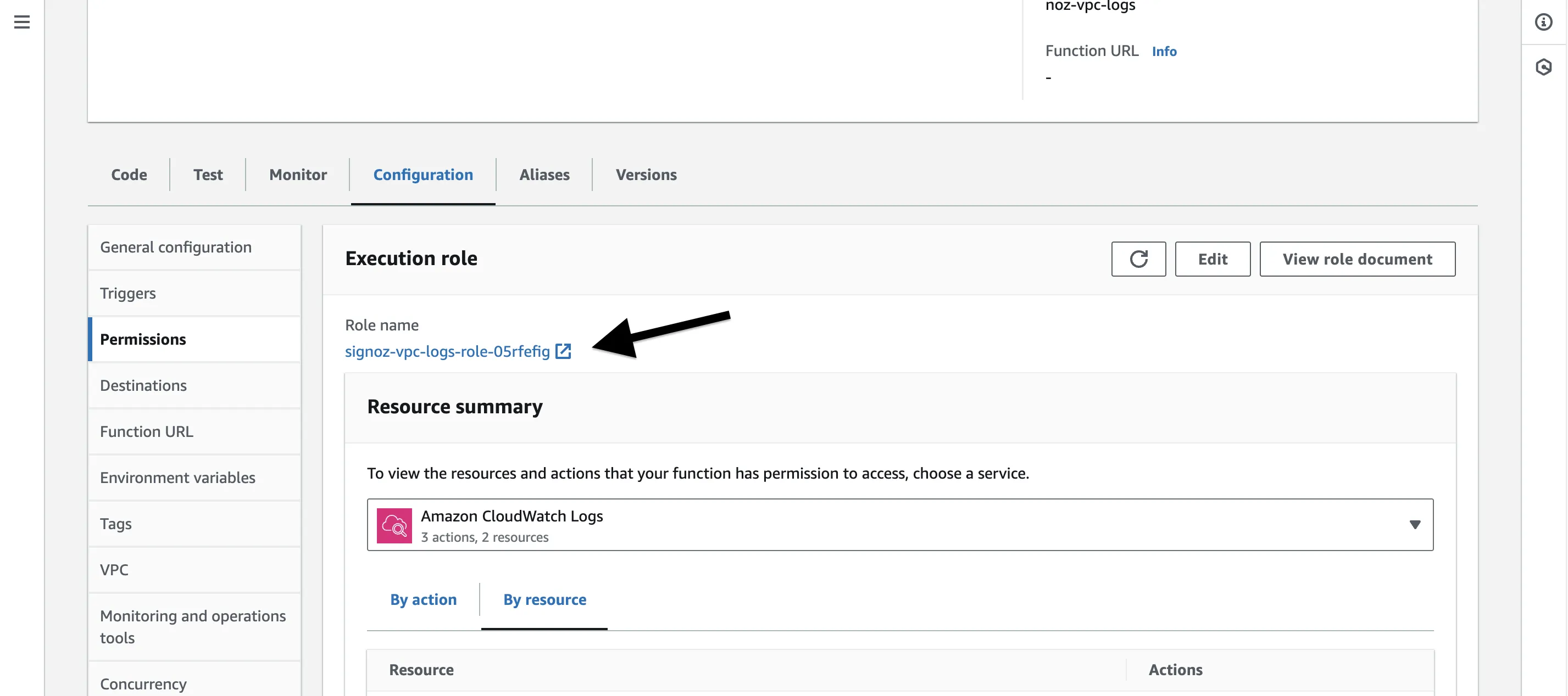 Lambda function Configuration tab showing Permissions section