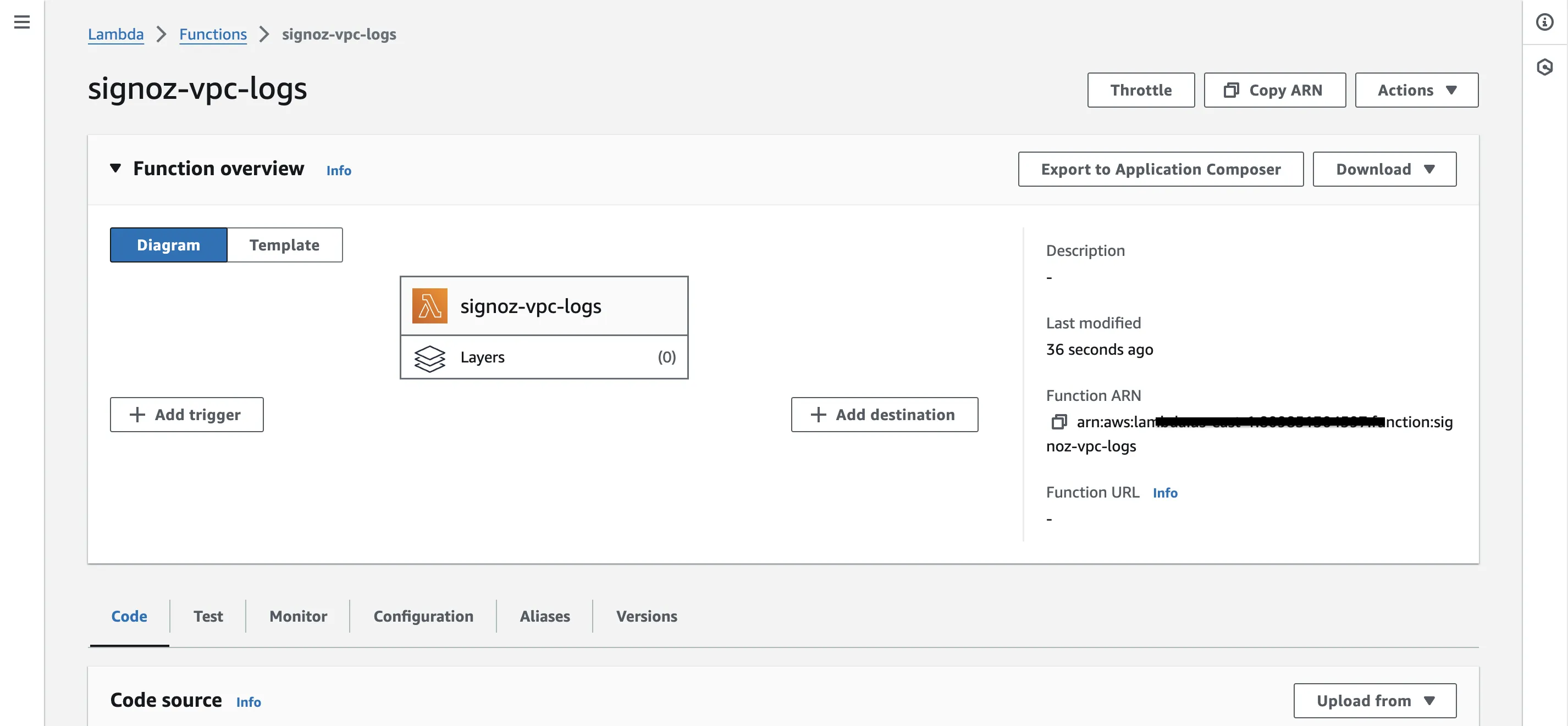 Newly created Lambda function overview page